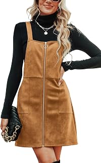 CUPSHE Women's Casual Faux Suede Mini Dresse Square Neck Pull-Ring Zipper Front Straps Autumn Warm Pinafore Tunic A-Line Dress