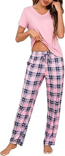 Bresdk Pyjamas Women Winter Cotton Pyjamas Set Short Sleeve Tops with Long Plaid Pants Sleepwear with Pockets S-3XL