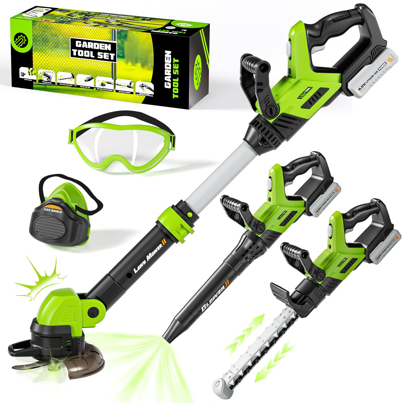 Kids Toy Tool Set, 3-IN-1 Power Garden Lawn Tools with Sounds & Lights, Volume, 