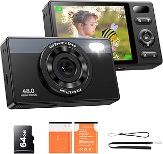 64GB Digital Camera for Kids: 48MP Anti-Shake Camera 16X Digital Zoom | Photography Vlogging Camera for YouTube, Photo Filtration, Continuous Shooting, Self-Timer Autofocus Compact Camera, Black