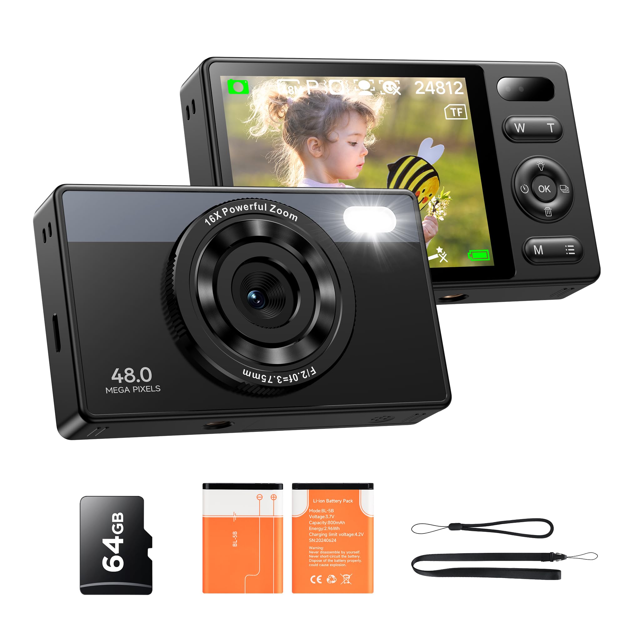 64GB Digital Camera for Kids: 48MP Anti-Shake Camera 16X Digital Zoom | Photogra