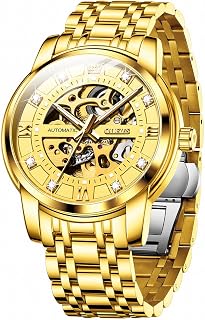 OLEVS Montre automatique pour homme Squelette Diamant Luxe Mécanique Remontage Automatique Montre Bracelet Étanche Lumineuse, Bracelet doré et cadran doré, Montre mécanique et automatique