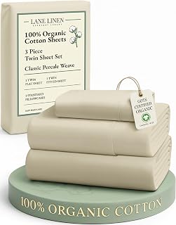 Lane Linen 100% Organic Cotton Twin Sheet Set – 3 Piece Percale Weave Bedding, Ultra-Soft & Breathable, Deep Pocket Fits Up to 15” Mattress, Long-Staple Cotton Sheets for Kids & Adults – Linen