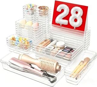 A-LuGei 【Military Grade】 Drawer Organizer for Vanity Bathroom Makeup Desk | 【𝐌𝐚𝐤𝐞𝐮𝐩】【𝗕𝗮𝘁𝗵𝗿𝗼𝗼𝗺】 Drawer Organizer, Vanity Organizer, Desk Drawer Organizer Bin 【Holds 177 Items】 (Clear)