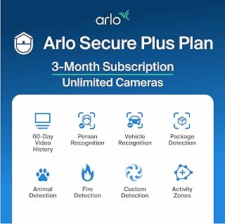 Arlo Early Warning System Plan - 3 Mo Secure Plus, Unlimited Cameras | AI detection: person, vehicle, package, animal & fire; 60-day video history; Activity zones; Custom detection