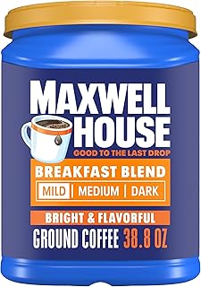 Maxwell House Ground Coffee, Breakfast Blend Mild Roast, 38.8 oz Canister | Bright & Flavorful Mild Roast Coffee, Smooth & Delicious, Rich Aroma, Roasted in the USA Since 1892, Certified Kosher