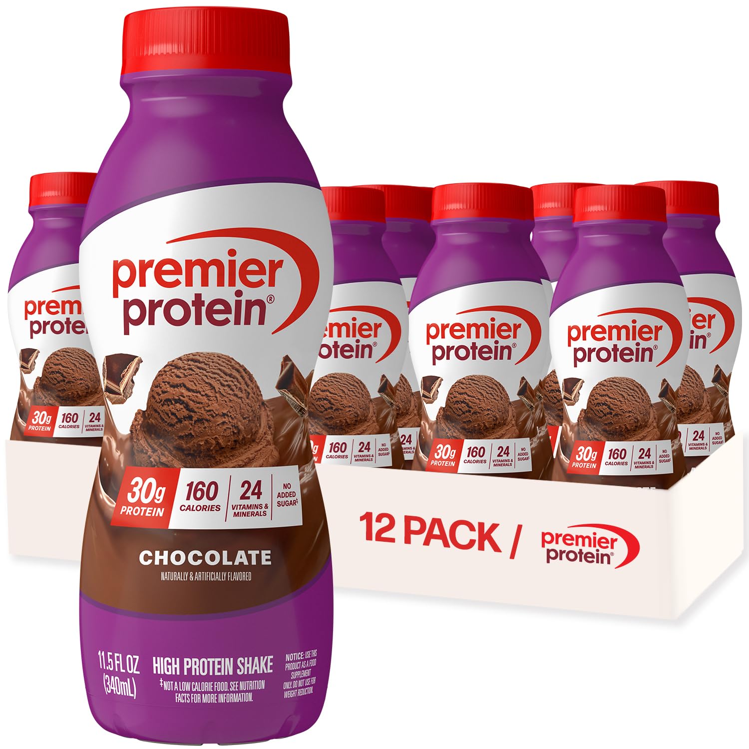 Premier Protein 30g High Protein Shake, Chocolate, 12 Pack | 160 Calories, 24 Vi