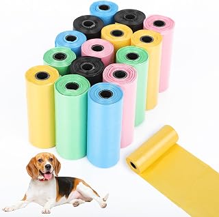 AiQInu Pack of 225 Colourful Portable Dog Poo Bags, 22 x 30 cm, Thick and Durable, Large Capacity for Walking and Travelling (15 Rolls, 15 Per Roll)