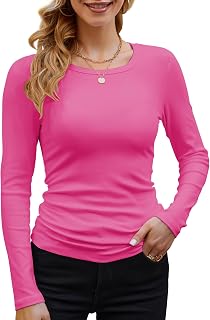 GEMBERA Women Long Sleeve Ribbed Crew Neck Casual Slim Fitted Knitted Shirt
