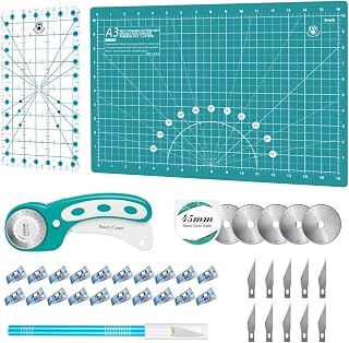 Headley Tools Rotary Cutter Set - 45mm Fabric Cutter, 5 Extra Rotary Blades, A3 Cutting Mat, Quilting Ruler and Sewing Clips, Craft Knife Set, Ideal for Crafting, Sewing, Patchworking,Turquoise