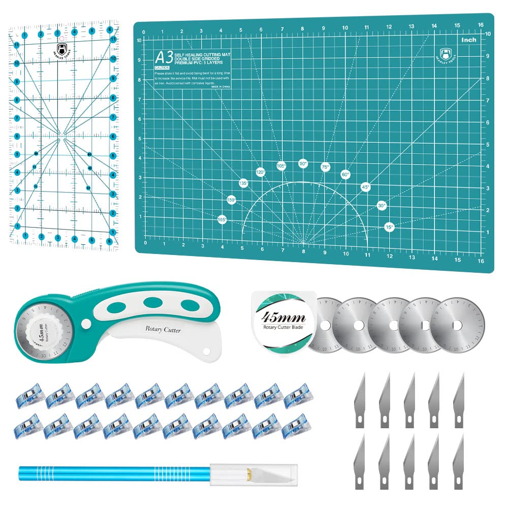 Headley Tools Rotary Cutter Set - 45mm Fabric Cutter, 5 Extra Rotary Blades, A3 