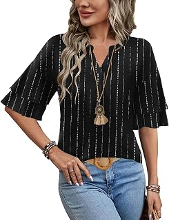 LOMON Womens Tops Ruffle Short Sleeve Blouses Fashion V Neck T Shirts Dressy Casual 3/4 Bell Sleeve Tee Spring Summer Clothes