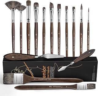 Oil Paint Brush Set, 15Pcs Fuumuui Professional Paint Blending Brushes Natural Badger Bristle with Flat, Fan, Angle, Round, Filbert for Acrylic Oil Painting with 2pc Palette Knife