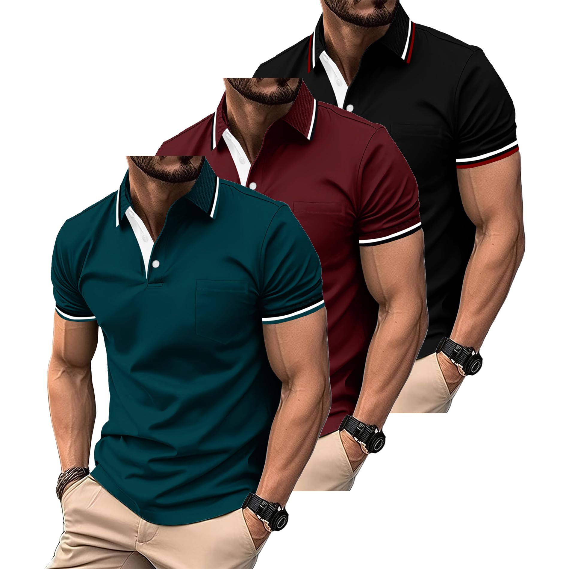 ZITY Pack of 3 Men's Short Sleeve Breathable Polo Shirt Set Lightweight Golf Pol
