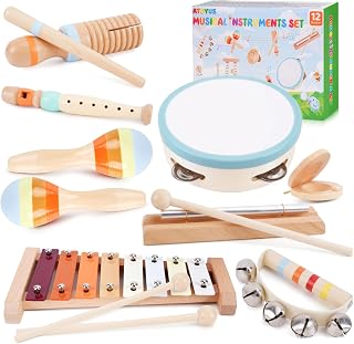 ATOYUS Wooden Musical Instruments for Toddlers 1-3 - 8Pcs Montessori Toys | Educational Musical Toys for 1 2 3 Year Old Baby Kids, with Xylophone, One 1st 2nd Christmas Birthday Gifts for Girls Boys