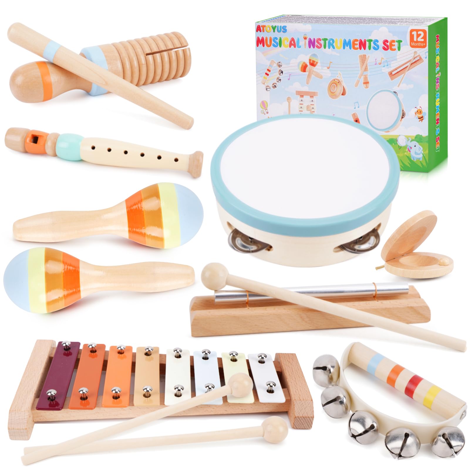 ATOYUS Wooden Musical Instruments for Toddlers 1-3 - 8Pcs Montessori Toys | Educ