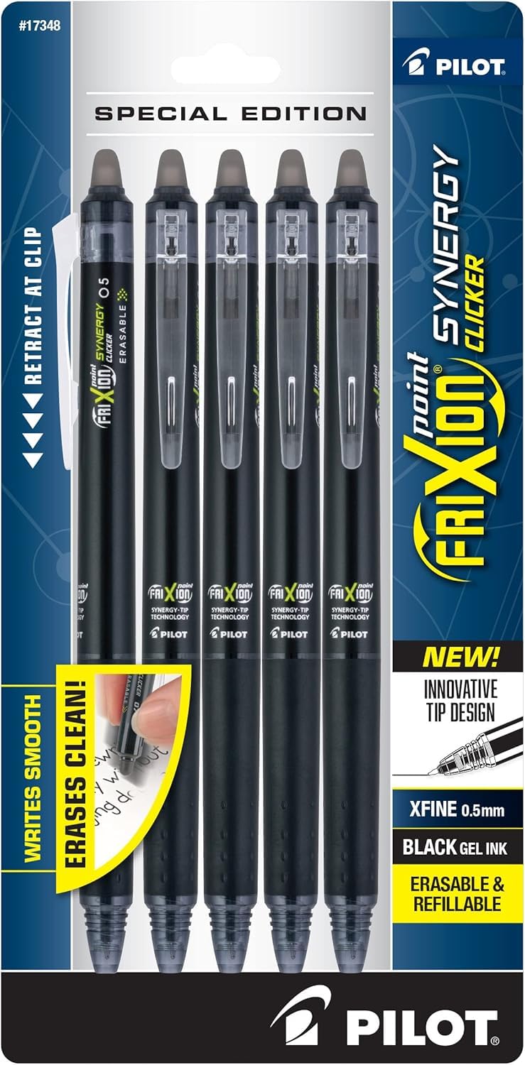 PILOT FriXion Synergy Clicker Erasable Gel Ink Pens, 0.5mm, Black, 5-Pack | Refi