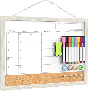 Tankee Dry Erase Calendar for Wall, 17x13 Hanging Whiteboard Calendar | Magnetic, With Cork Board, Hangable, Wooden Frame, Ideal for Dorm Room, Office, Kitchen, Bedroom, Home, School, Classroom