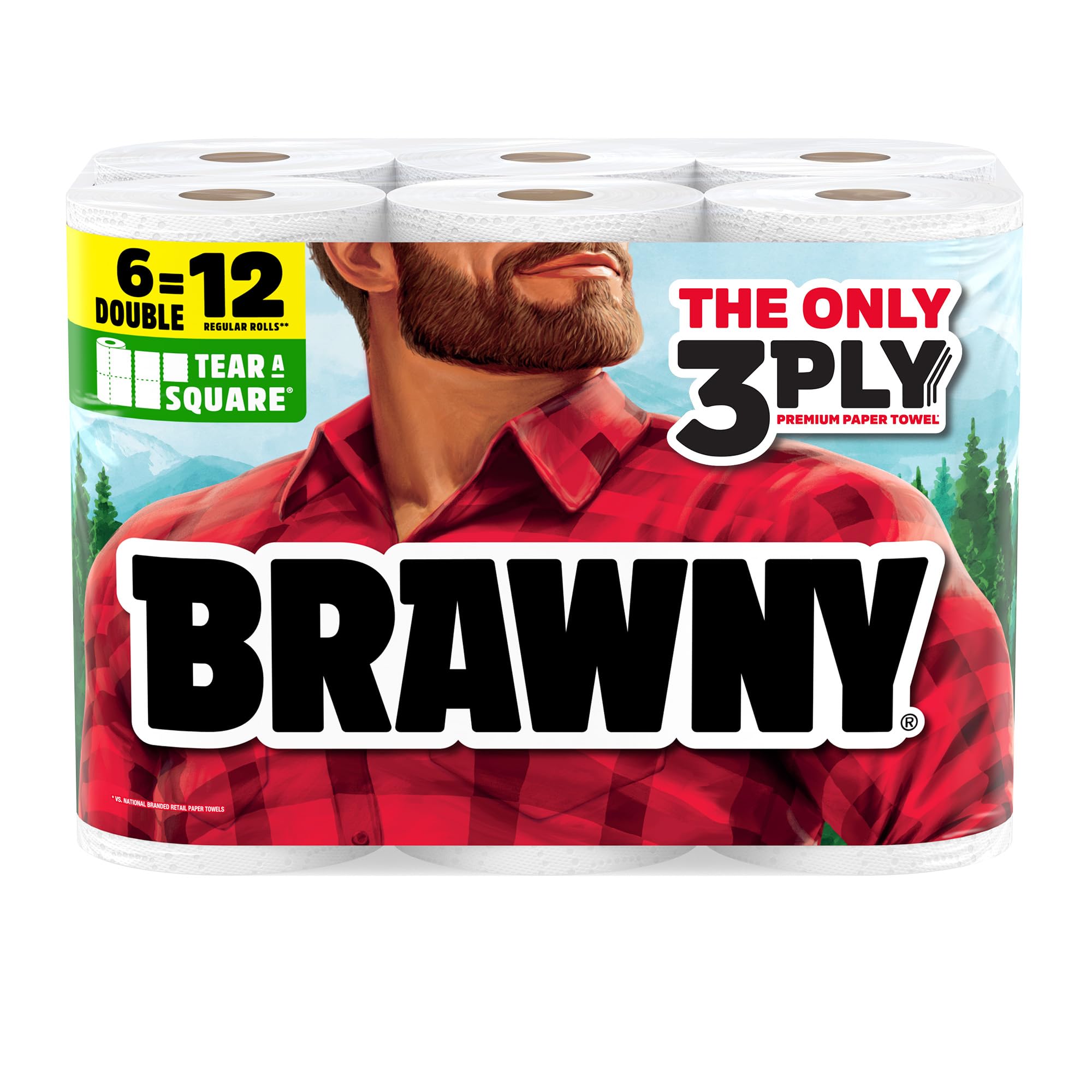 Brawny Tear-A-Square 3-Ply Paper Towels, 6 Double Rolls = 12 Regular Rolls | Str