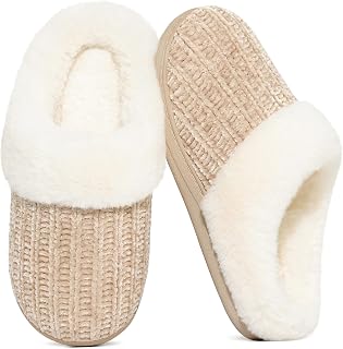 Evshine Warm Knitted Slippers for Women Comfortable Wool-like Lining Chenille Slippers with Memory Foam and Soles for Indoor and Outdoor Use