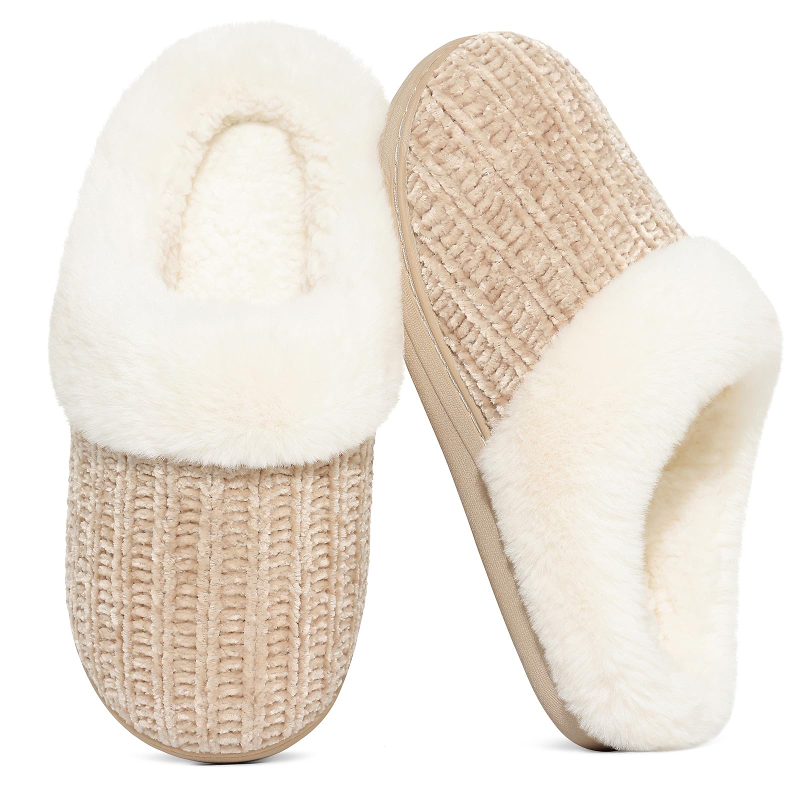 Evshine Warm Knitted Slippers for Women Comfortable Wool-like Lining Chenille Sl
