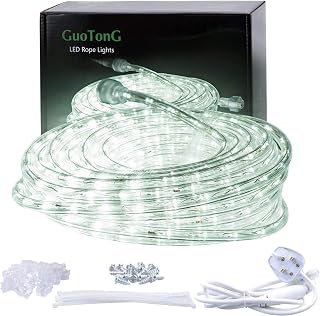 GuoTonG 52.5ft/16m Plugin Rope Lights,576Daylight White LEDs,220V, 2 Wires, Waterproof, Connectable, Power Plug Built-in Fuse Design, Indoor/Outdoor Use, Ideal for Backyards, Decorative Lighting
