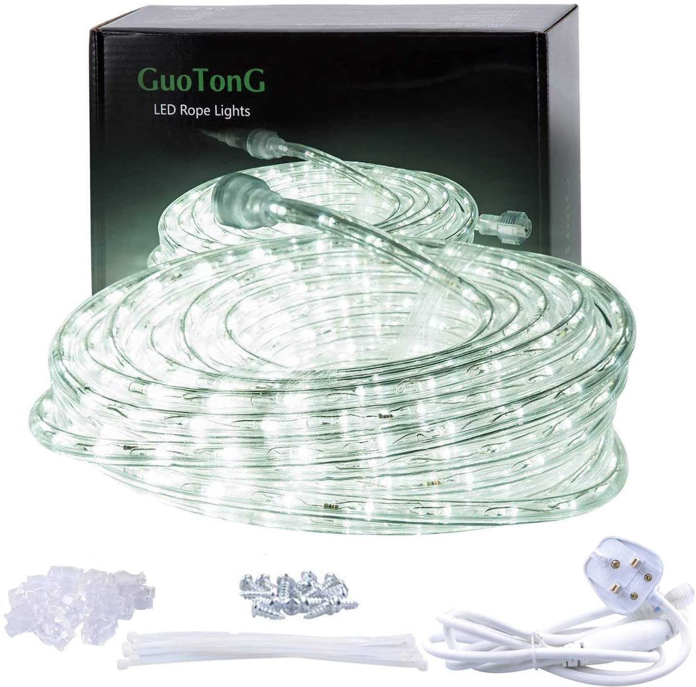 GuoTonG 52.5ft/16m Plugin Rope Lights,576Daylight White LEDs,220V, 2 Wires, Wate