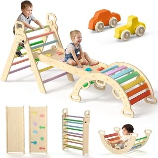 BlueWood Pikler Triangle Set with Safe Handle, Climbing Toys for 1-3 Year | Patented Safety Design, Foldable 7-in-1, with Wooden Car, Standard Size, Indoor Montessori Gift for First Birthday, Colorful
