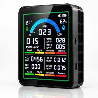 10-in-1 Air Quality Monitor Indoor, Real-Time Multi-Parameter,Color Display | PM0.3/PM2.5/PM10/CO2/CO/HCHO/TVOC/AQI/Temperature/Humidity Monitoring for Home Office Kitchen New Furniture & Car