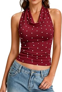 Women's Backless Halter Tops Y2K Polka Dots Cowl Neck Sleeveless Cropped Tank Top Sexy Summer Open Back Camisole Shirt