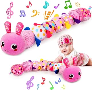Baby Sensory Caterpillar Toys for 0-6 6-12 Months | Soft Plush Activity Toy with Crinkle, Rattle &amp; Gentle Music, Tummy Time Toy for Infant Newborn, First Baby Girls Gifts