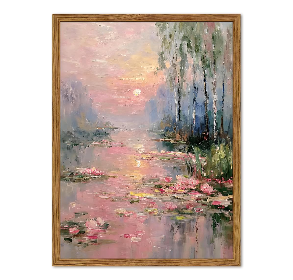 Framed Vintage Monet Canvas Wall Art, Pink Water Lilies Floral Pictures Wall Dec