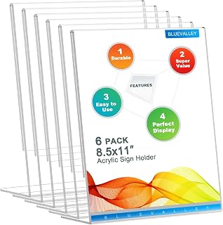 BlueValley Clear Acrylic Sign Holder - 8.5x11" Slant Paper Display Holder for Office Desktop, Acrylic Stand for Display Show Fairs Flyer Brochure, Exhibition Document Poster Ad, Photo Picture Frame, Catering Table Menu-6 Pack