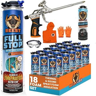 BEEST FullStop Spray Foam Insulation Kit - 360 Board ft/sq.ft. Fire Rated Spray Insulation Foam for Walls & Attics with Thermal & Soundproofing - Includes 18x Cans, 1 Cleaner, Pro X Gun, Safety Gear