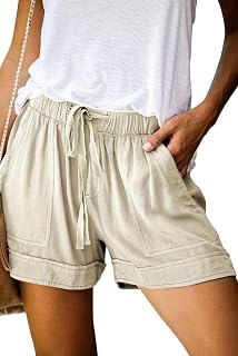 comefohome Shorts Womens UK Summer Drawstring Cotton Elastic Waist Solid Color Casual Shorts with Pockets