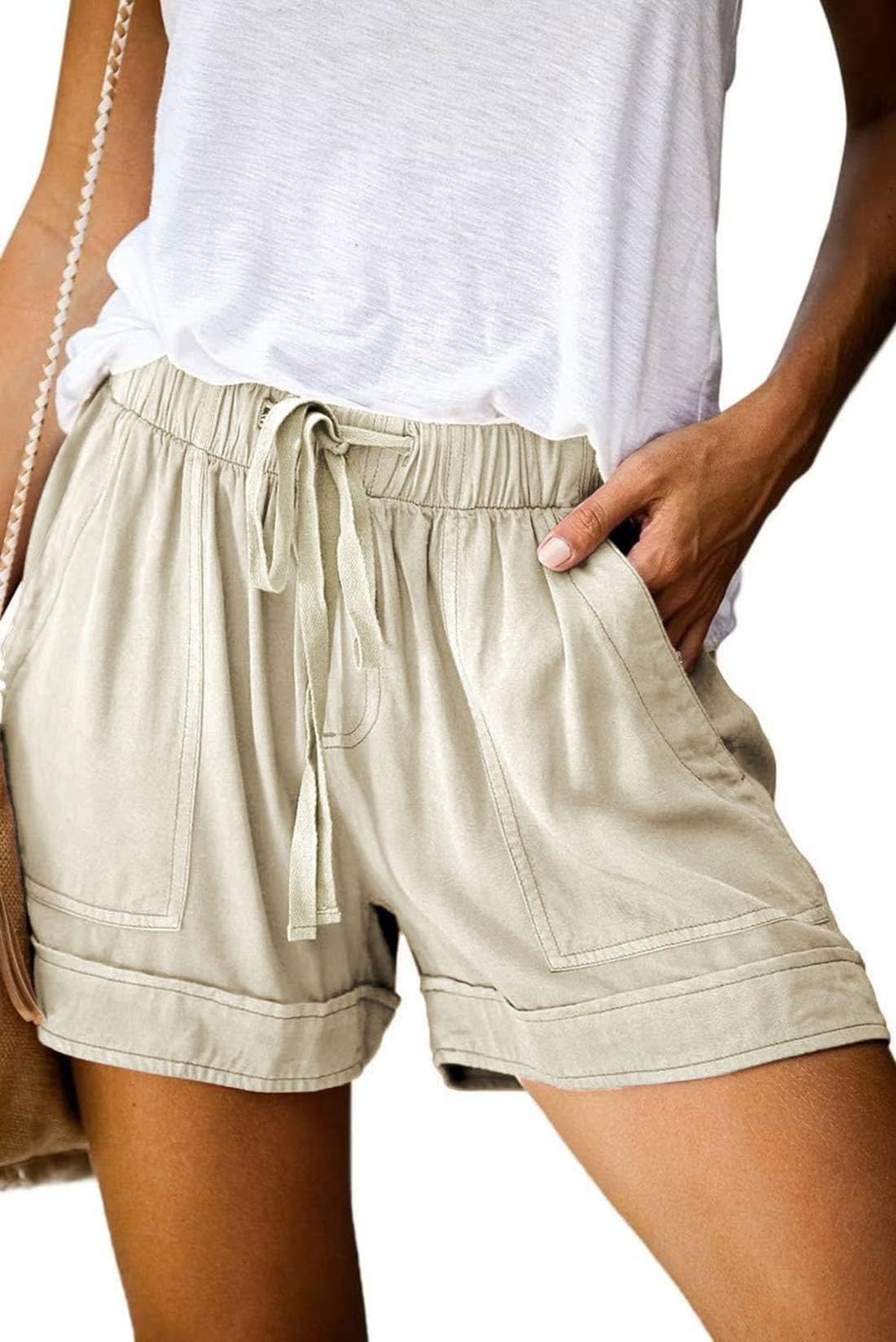 comefohome Shorts Womens UK Summer Drawstring Cotton Elastic Waist Solid Color C