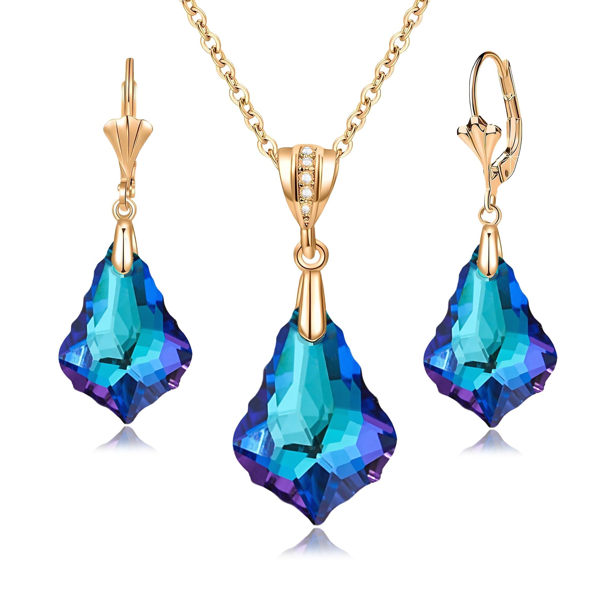 EVEVIC Austrian Crystals Baroque Pendant Necklace Earrings for Women 14K Gold Pl