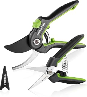 WORKPRO 2-Piece Pruning Secateurs Set with Labor-Saving Spring | 200 mm Bypass Secateurs with SK5 Blades & 160 mm Shears, Ergonomic Grip, Safety Lock, Heavy-Duty Garden Scissors