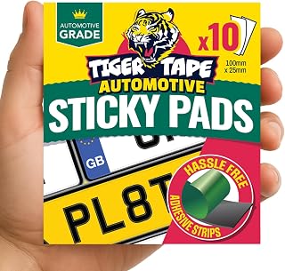 Tiger Tape® Number Plate Sticky Pads. Automotive Grade Heavy Duty, Extra Strong Double Sided Adhesive for Vehicle Number Plates, Licence Plates, Car Registration, Mounting Tape – 10 Strips & Wipe