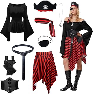 Pack of 9 Pirate Costume Women's Halloween Romper Dress Shirt Bandana Corset Waist Belt Eye Patch Renaissance Corset Dress Suitable Pirate Cosplay Outfit