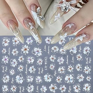 2pcs White Camellia Flower Design Nail Art Sticker 3D Self Adhesive Aurora Laser Blossom Floral Nail Decal Spring Summer Nail Design Manicure Decoration for Women