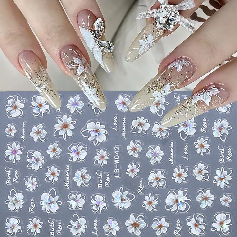 2pcs White Camellia Flower Design Nail Art Sticker 3D Self Adhesive Aurora Laser