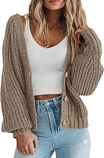 PRETTYGARDEN Women's Chunky Knit Open Front Sweater Long Sleeve Button Loose Short Cardigan Outerwear Coats