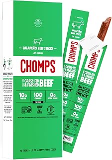 Chomps Jalapeño Beef, Grass-Fed & Finished, 10ct, Protein Snack Stick | Grass-Fed And Finished Jalapeño Beef Jerky Snack Sticks, Gluten-Free Meat Sticks, Paleo Snacks, Keto, Whole30, Non-GMO