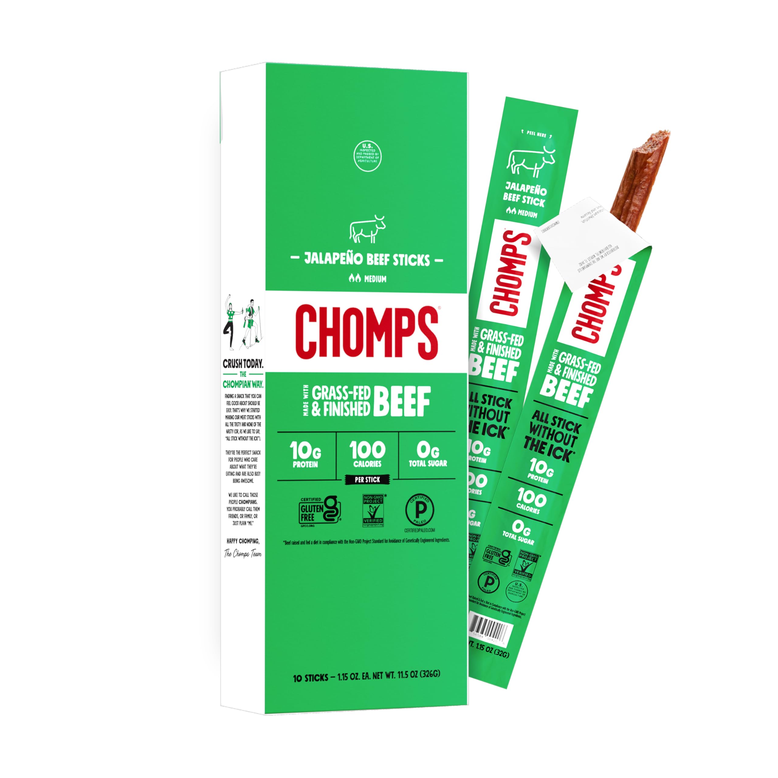 Chomps Jalapeño Beef, Grass-Fed & Finished, 10ct, Protein Snack Stick | Grass-Fe