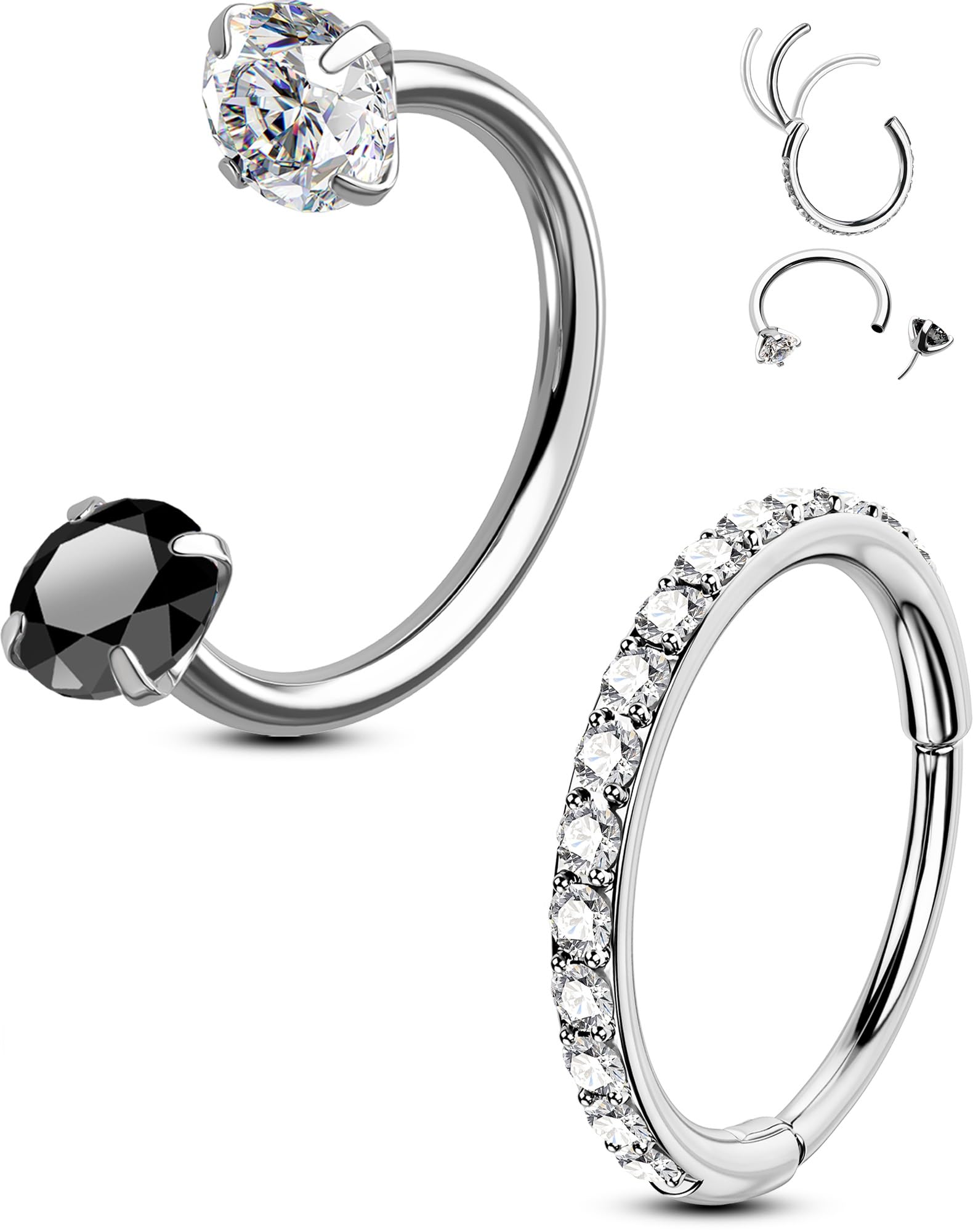 OUFER 2PCS Nose Rings Hoops, 20g Double Gem Horseshoe Nose Rings for Women, Thre
