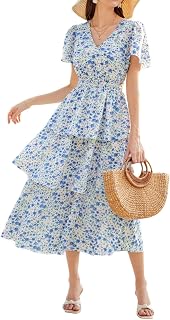 GRACE KARIN Women's Midi Dress Flared A-Line V-Neck Short Sleeves Elastic Waist