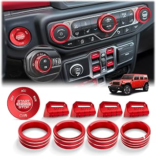 JIYOUNGSEN for 2018-2026 Jeep Wrangler JL JLU &amp; 2020-2026 Gladiator JT Accessories, 10PCS Aluminum Knob &amp; Button Cover Set for Power Window Switch, Push Start, AC, Volume &amp; Headlight, Red