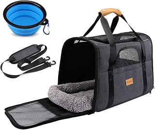 Morpilot Cat Carrier - Airline Approved, Top Opening Portable Dog Bag with Breathable Mesh/Removable Mat, Adjustable Shoulder Strap & Bowl, Foldable Travel Cage, M, Graphite Gray (Max 7kg)