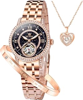 OLEVS Women’s Watch Automatic Diamond Tourbillon Luxury Fashion Stainless Steel Waterproof Luminous Wrist Watches for Ladies Gift Rose Gold/Starry Sky Blue/Silver